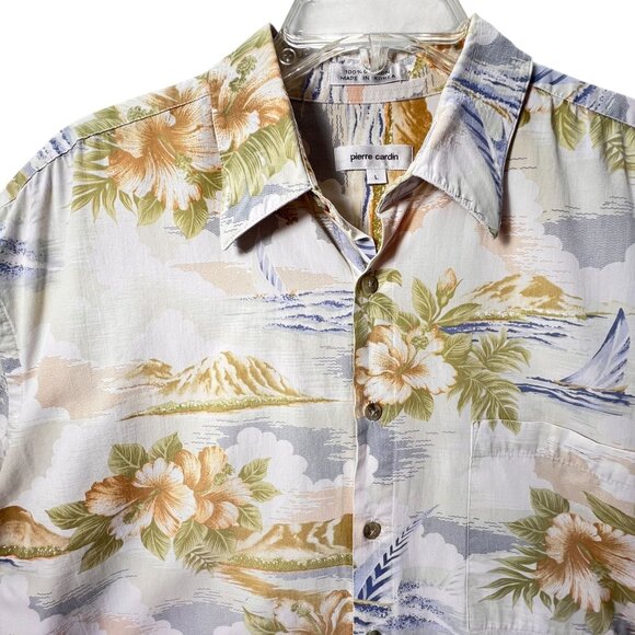 Vtg Pierre Cardin Mens Hawaiian Button Up Shirt L Cotton Floral Sailboat Tropics - Picture 1 of 10
